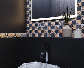 Modern bathroom interior in dark colors with checkered ceramic tile wall. 3d rendering
