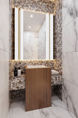 Corner of hotel modern bathroom with grey and brown tiled walls. Spa accessories and mirror. Loft style. 3d rendering