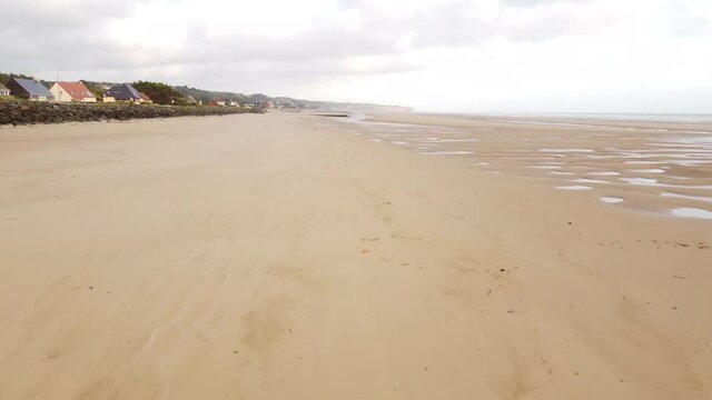 Young girl with a weimaraner dog playing on Omaha beach located in Normandy, France