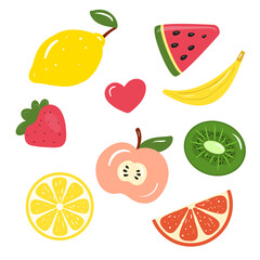 Fruit set flat vector illustration, design elements, icons. Isolated objects on white background. Templates for posters, party invitations, stickers, cards, gift.