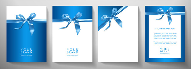 Holiday cover design set. Luxury blue background with ribbon (bow). Elegant premium vector collection template for invitation (invite card), greeting or Christmas gift