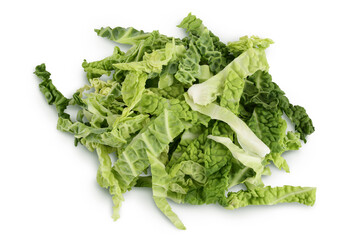 chopped savoy cabbage isolated on white background with clipping path and full depth of field. Top view. Flat lay