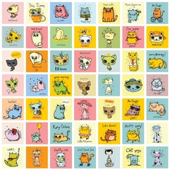 Big set of vector cards with funny cats and hand drawn text