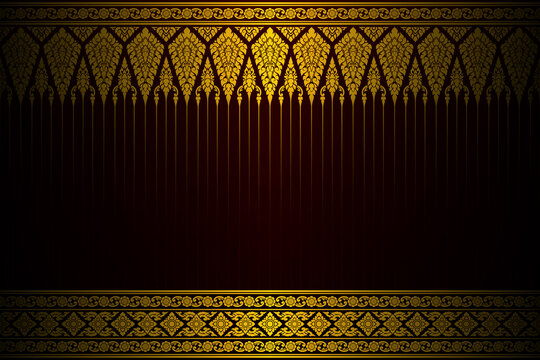 Thai art template background pattern golden color on black background. Retro antique style. Decorative design elements for textile, fabric, card, poster, brochure, menu, wall. Vector illustration.