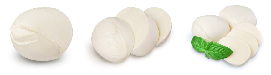 Mozzarella cheese sliced with basil leaf isolated on white background . Set or collection