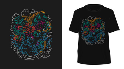 japanese dragon monoline tattoo tshirt design