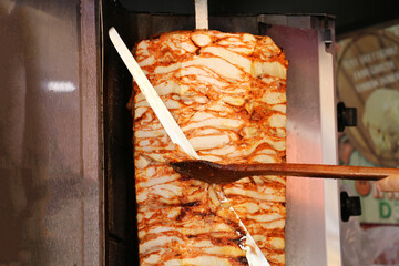 Traditional Turkish food in Istanbul, Turkey, chicken doner kebab. (also Döner) is a type of kebab...