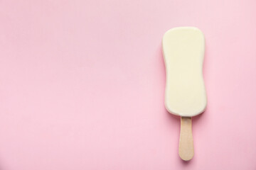 Ice cream with glaze on pink background, top view. Space for text