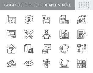 Interior design line icons. Vector illustration include icon - architecture, blueprint, project calculation, documentation outline pictogram for home decoration. 64x64 Pixel Perfect, Editable Stroke