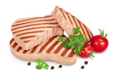 Tuna fish steak grilled isolated on white background with clipping path and full depth of field