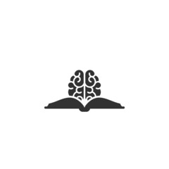 Black opened book nd brain silhouette. . Flat reading, learning icon isolated on white.