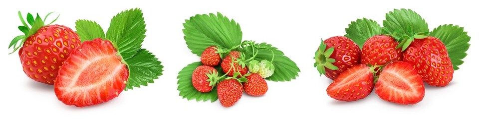 Strawberry and half isolated on white background. Fresh berry with full depth of field. Set or collection