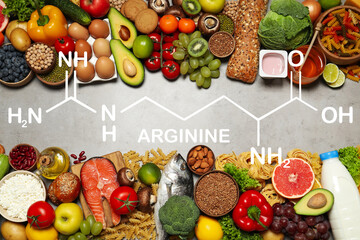 Different organic products on light grey table, flat lay. Sources of essential amino acids