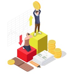 Happy businessman, successful investor celebrating financial success, flat vector isometric illustration.