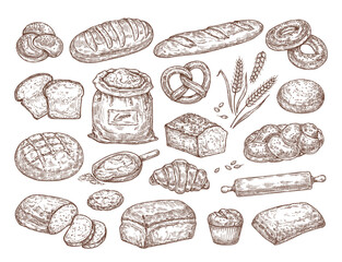 Sketch set with pastries, bread, flour and spikelets. Vector illustration.