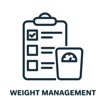 Weight Management Line Icon. Body Mass Control Linear Pictogram. Plan for Weight Control on Clipboard with Scales Outline Icon. Editable Stroke. Isolated Vector Illustration