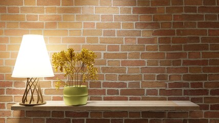 Night interior with a brick wall and shelf. Lamp and dry tree in a pot. Copy space. 3D rendering.