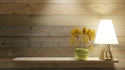 Country interior mockup with a wooden shelf and lamp. Night interior. Copy space for text. Dry flower in a pot. 3D rendering.