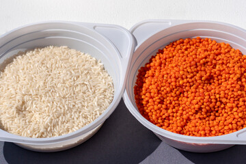 Millet groats. plastic plate with cereal. Vegetarian food . close-up