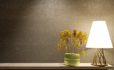 Night scene with lamp on a shelf. Concrete wall background. Dry flower in a pot. 3D rendering.
