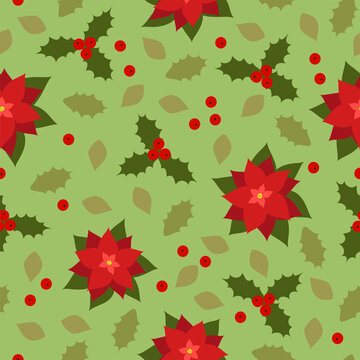 Seamless Christmas pattern with holly berry and poinsettia vector illustration