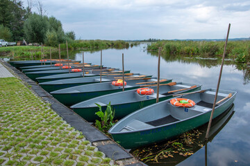 Green boats and red lifebuoys.