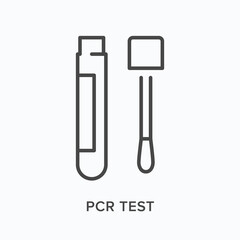 PCR test flat line icon. Vector outline illustration of laboratory tube and swab. Black thin linear pictogram for covid diagnostic