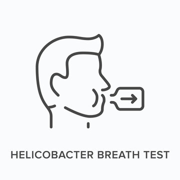 Helicobacter medical test flat line icon. Vector outline illustration of human head and breathalyser. Black thin linear pictogram for spirometry