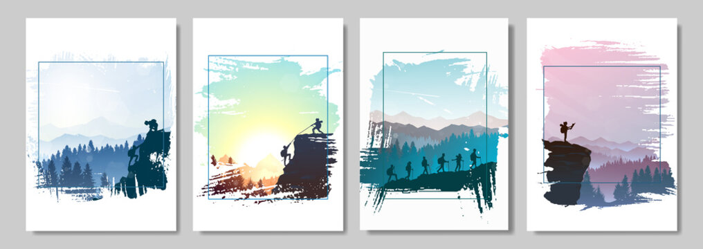 Travel concept of discovering, exploring, observing nature. Hiking. Adventure tourism. Man watches nature, climbing to top, friends going hike,  support of friends. Landscapes set illustrations