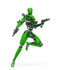 droid soldier is standing up like a super hero in action and holding a pistol