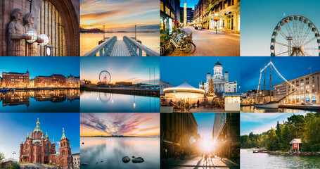 Travel Photos Set Bunch Pack Helsinki, Finland. Famous Popular Places And Landmarks Destination...
