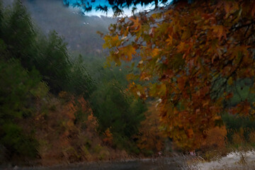 A driveway view out of the window with raindrops on the glass. Newly paved switchback road wet...