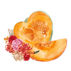 Watercolor fall illustration with colored pumpkin, autumn flowers and leaves, isolated on white background