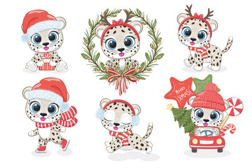 A collection of 6 cute leopards for New Year and Christmas. Vector illustration from a cartoon.
