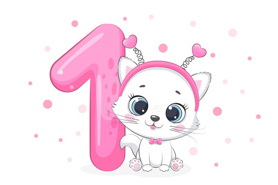 Cartoon illustration "Happy birthday, 1 year", cute kitten. Vector illustration.