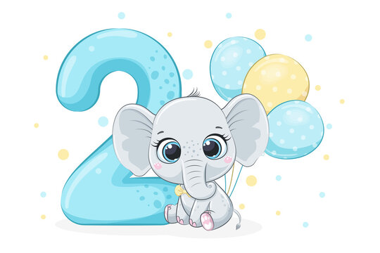 Cartoon illustration "Happy birthday, 2 year", cute baby elephant. Vector illustration.