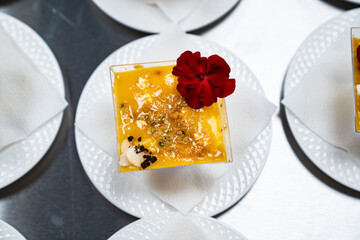 Catering. kremenki with fruit desserts decorated with flowers. 