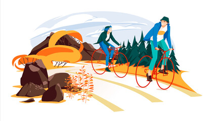 A couple is cycling along a rural road. Autumn. The guy and the girl spend their free time actively riding bicycles. Cartoon flat vector illustration. Coniferous forest and mountains. 