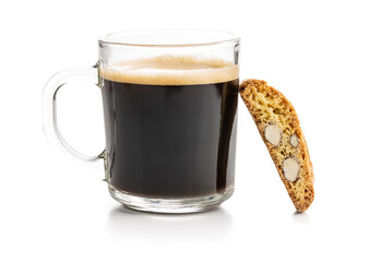 Italian cantuccini cookies and coffee cup. Sweet dried biscuits with almonds