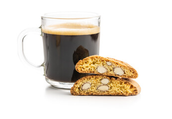 Italian cantuccini cookies and coffee cup. Sweet dried biscuits with almonds