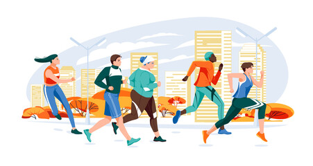 Marathon racing group - flat cartoon modern vector illustration of running men and women in autumn city. Marathon race, 5k running, sprint. Creative landing page design template, web banner