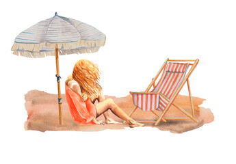 Watercolor fashion girl in orange dress sitting on the beach, chaise lounge, beach umbrella.Summer template for wedding invites, stationery, prints, travel blog, stickers, fashion magazines, scrapbook