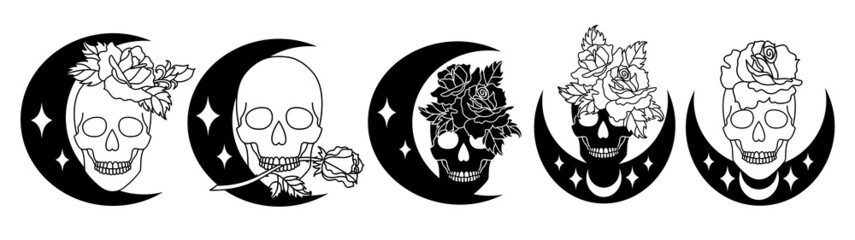 Set of skulls with a rose in a line art style.