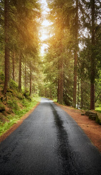 Wet asphalt road in forest against the sun, Karkonosze Mountains in Liberec Region, Czech Republic.