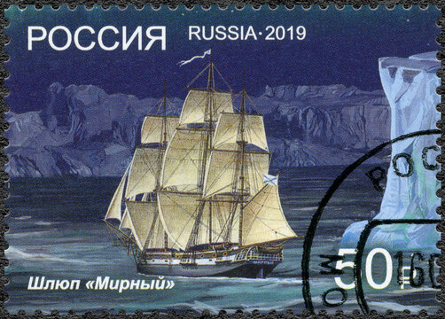 RUSSIA - 2019: shows Sloop Mirny, dedicated 200th Anniversary of the Discovery of the Antarctic Continent Antarctica, 2019