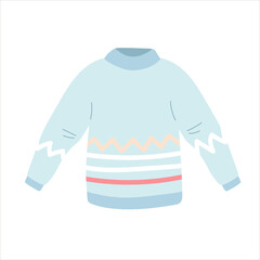 Flat vector cartoon illustration of a blue cozy warm sweater or Jumper with Long Sleeves . hand drawing. Women's knitted warm clothing on white background.