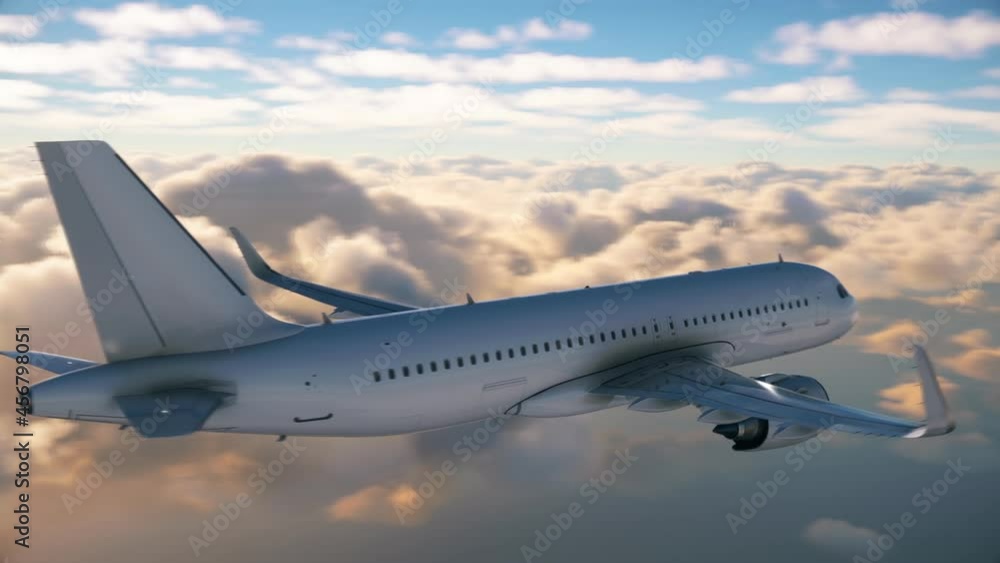 Wall mural dramatic view of an airplane in the sky above orange clouds and ocean. the camera rotates around a p