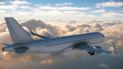 Dramatic view of an airplane in the sky above  orange clouds and ocean. The camera rotates around a plane during a flight above clouds and ocean. The sun flare appears over the horizon during sunset.