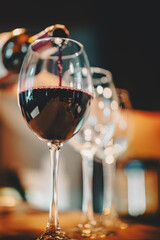 bartender pouring red wine into a glass in cafe or bar