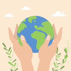 Planet Earth in the human hands. Hands holding the world. Save the globe together. Symbol of care and protection.